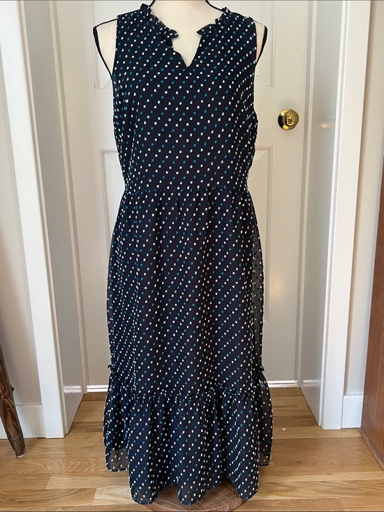 LOFT Dresses & Skirts - Loft Outlet Navy Blue, Sleeveless Midi Dress, White/Teal Clip Dot, Lined, Sz 12
